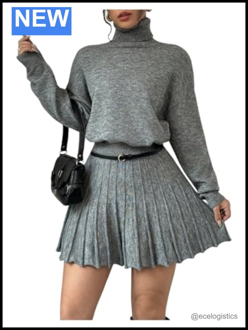 2 Piece Sweater Set Turtle Neck Top & Pleated Mini Skirt Outfit